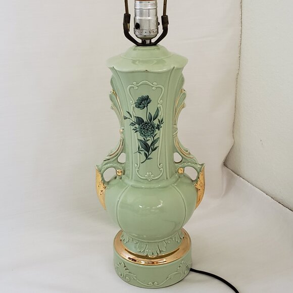 24K Gold Ceramic Chartreuse Green Lamp Victorian Floral Art Deco MCM - Picture 14 of 14